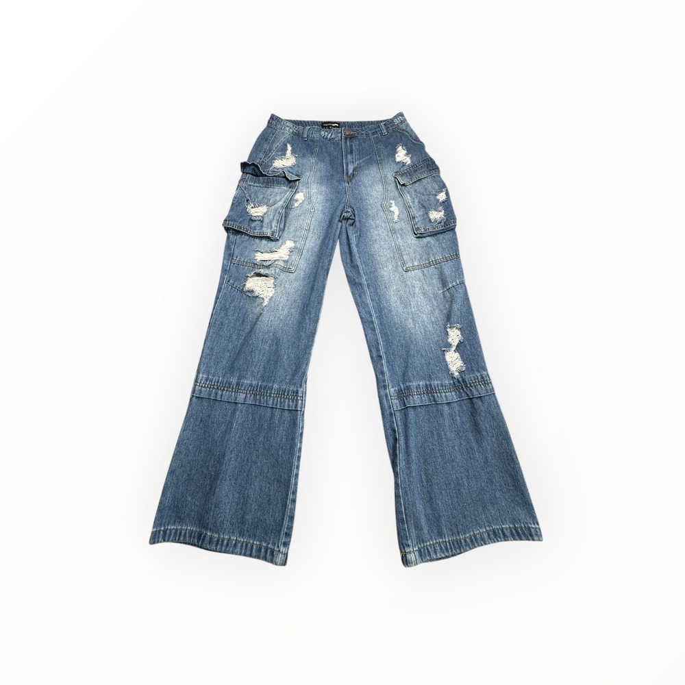 Fashion Nova Jeans Women 15 Blue Cargo Distressed Wide‎ Leg Flare AB19207SKTO